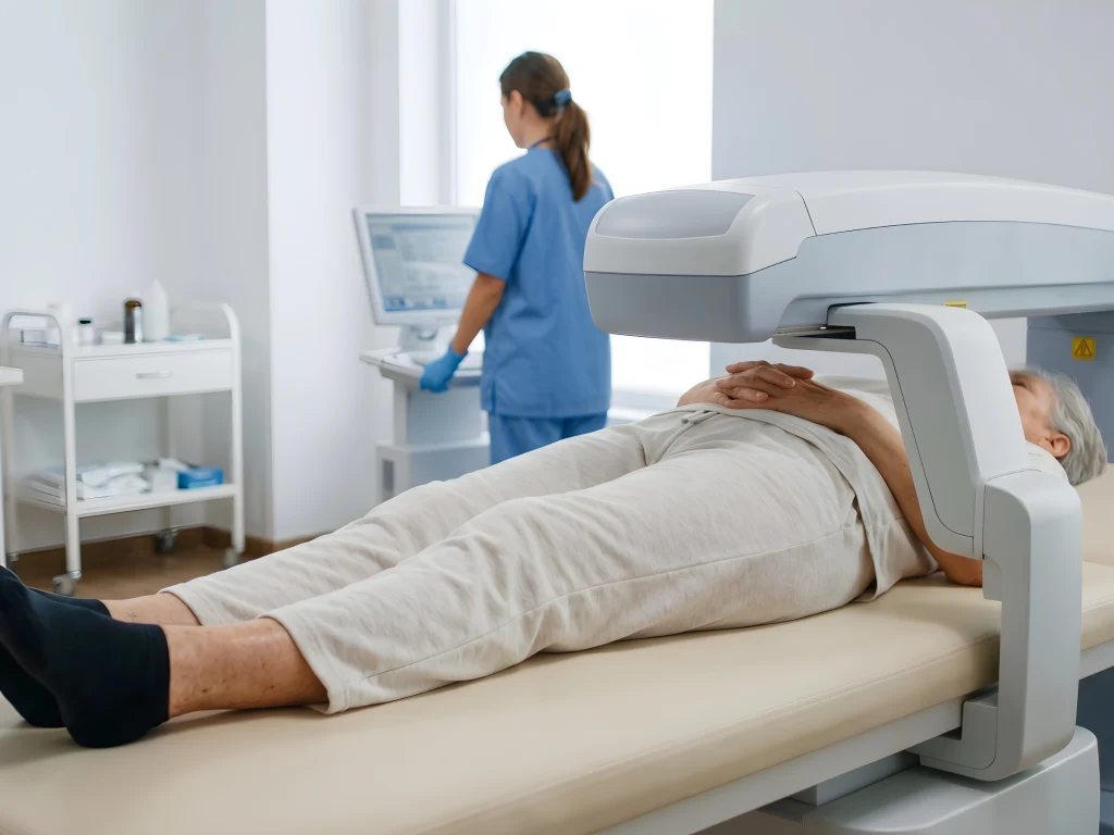 Patient undergoing a DEXA bone density scan for osteoporosis screening